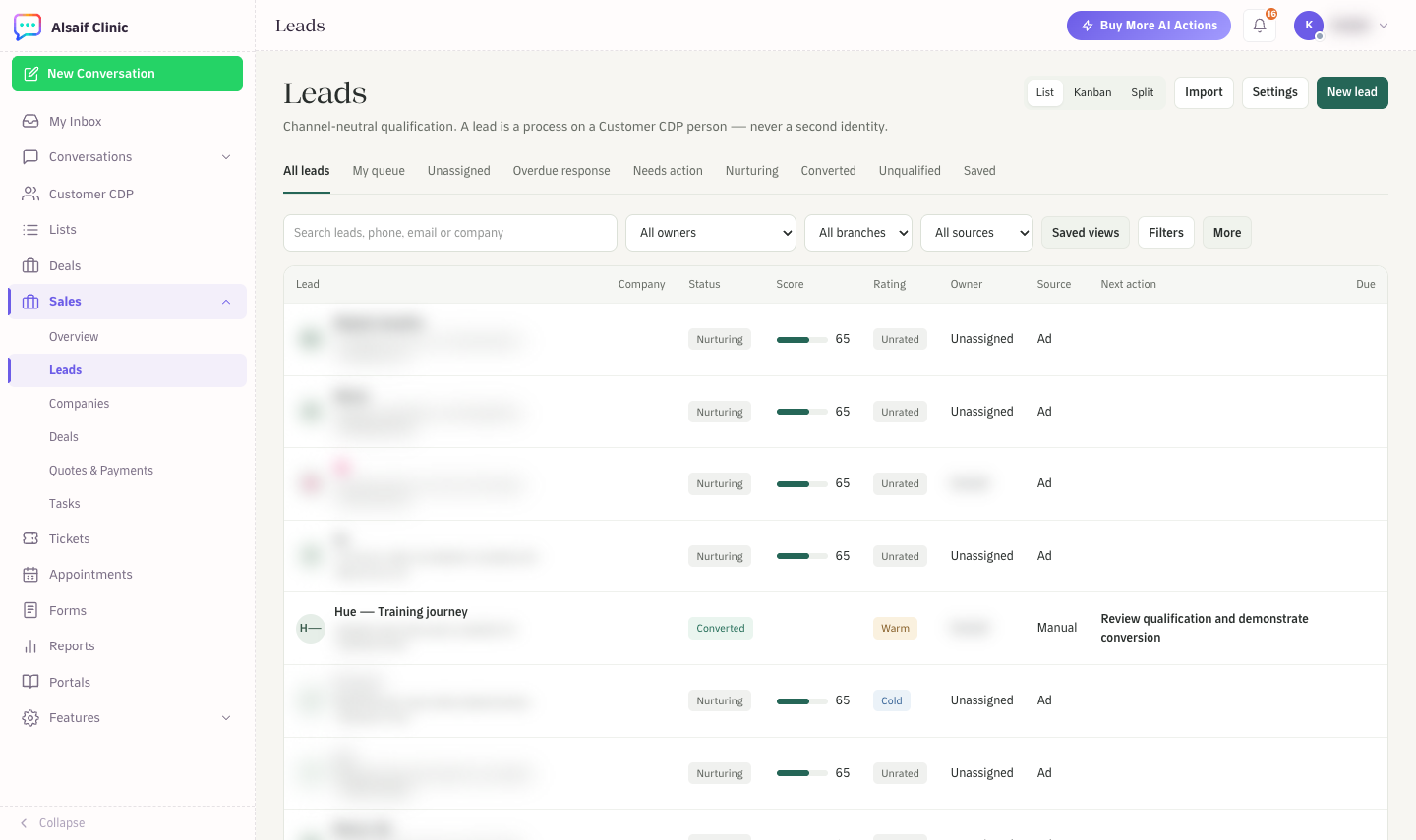 The Leads list with queues, filters, status, score, rating and owner