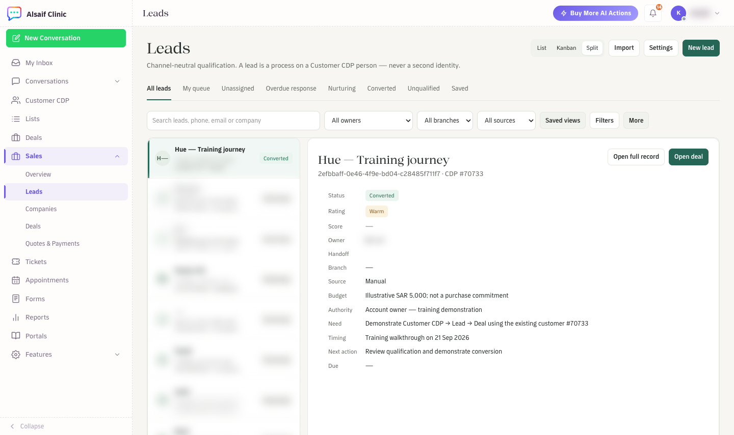 Split view: the lead list and the selected lead side by side