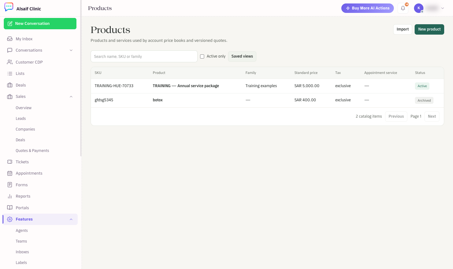 Products with SKU, family, standard price, tax and status