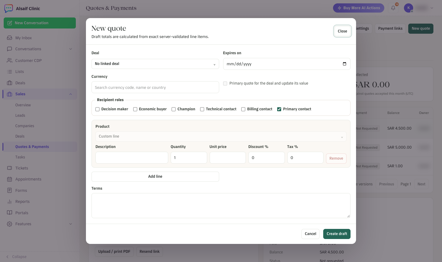 The New quote form with recipient roles, line items and terms