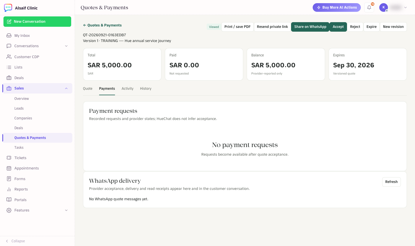 The Payments tab with payment requests and WhatsApp delivery receipts