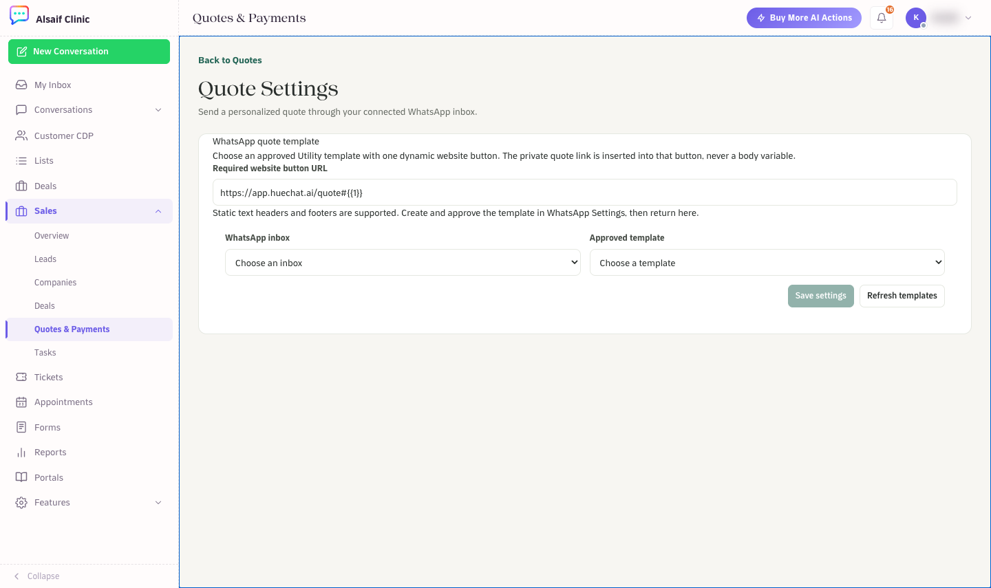 Quote Settings: the WhatsApp inbox and the approved template used to send quotes