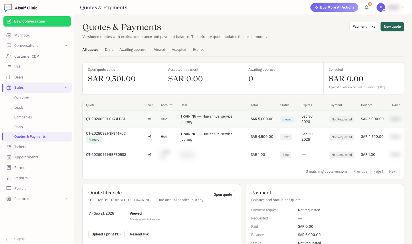 Quotes & Payments with status tabs, totals and the payment panel