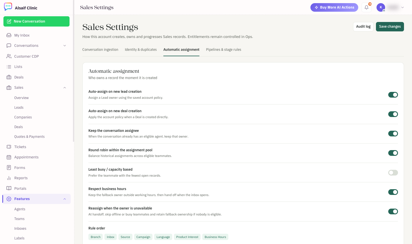 Sales Settings: automatic assignment