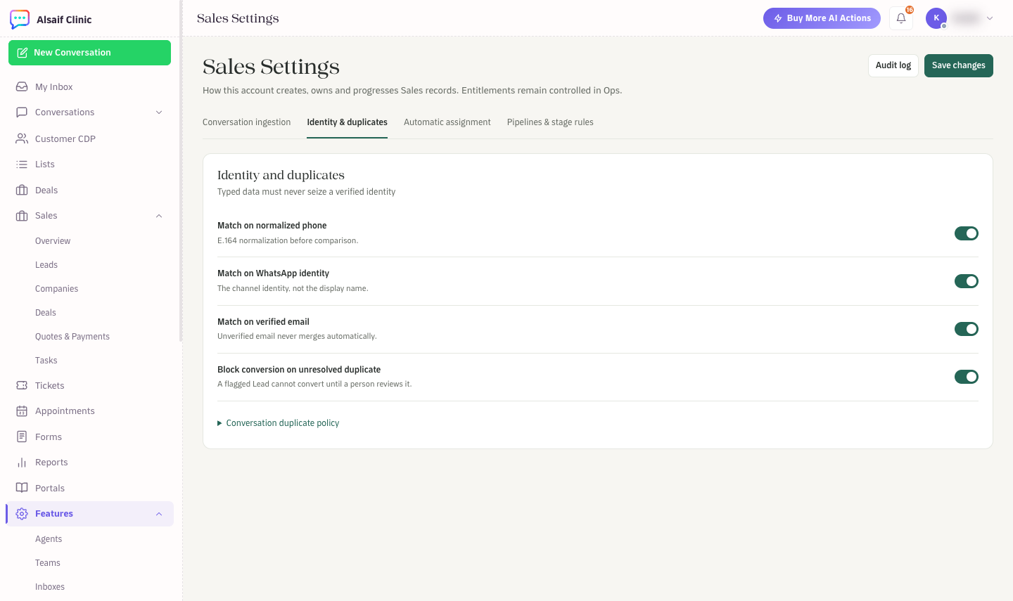 Sales Settings: identity and duplicates