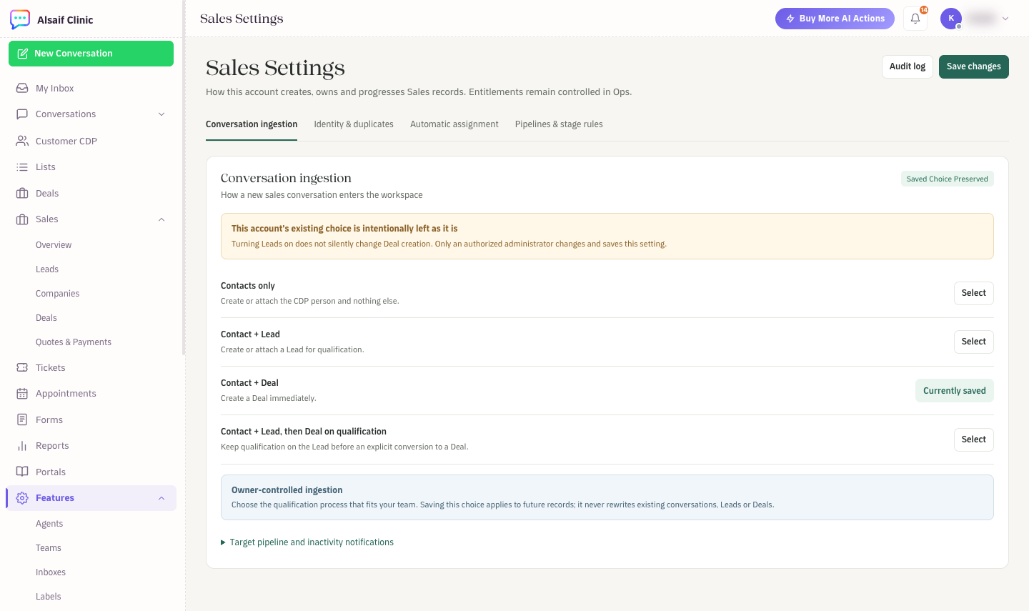 Sales Settings: conversation ingestion