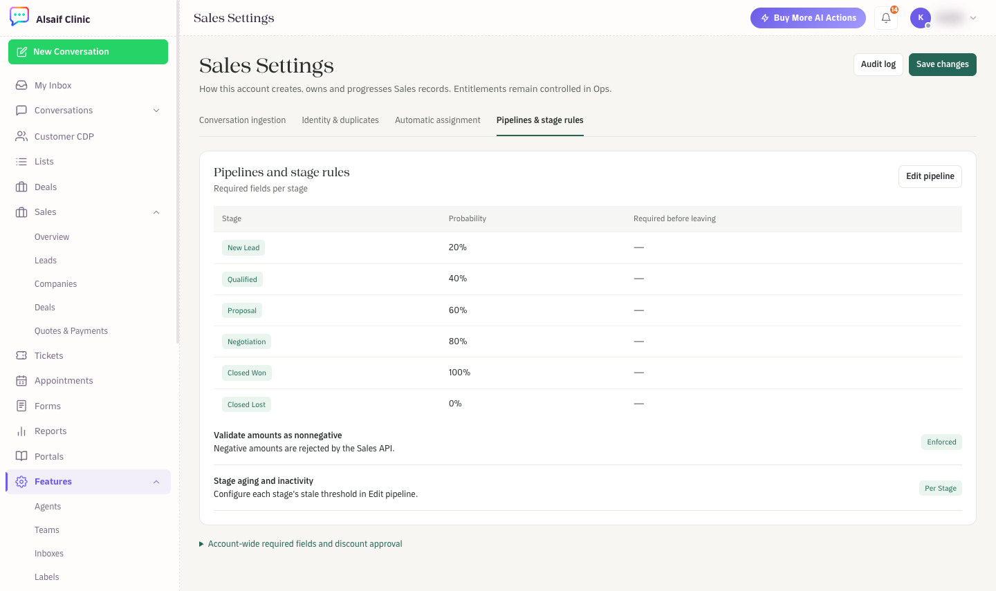 Sales Settings: pipeline stages and probabilities
