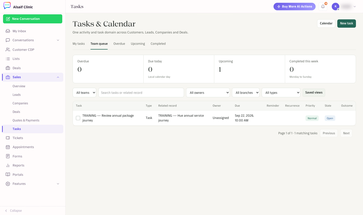 Tasks & Calendar with queues, totals and the team queue