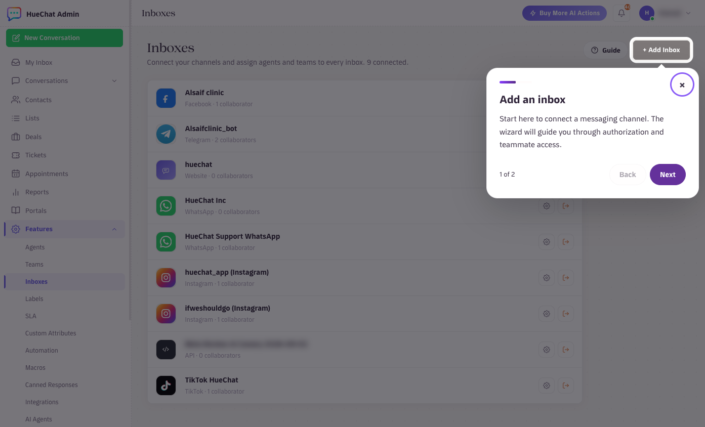 Settings, Inboxes: every connected channel