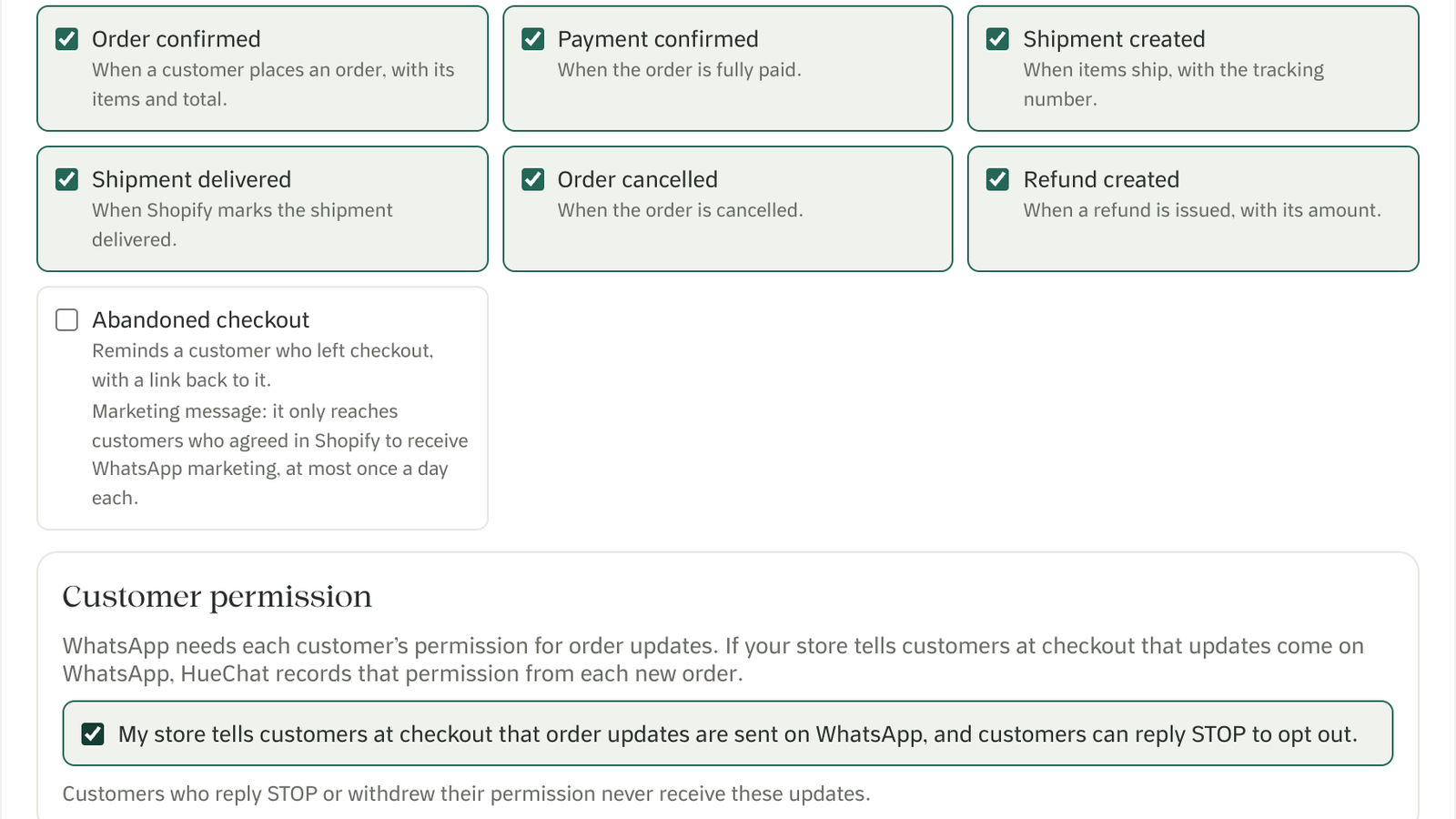 Quick setup step 2: the seven notifications and the customer permission checkbox