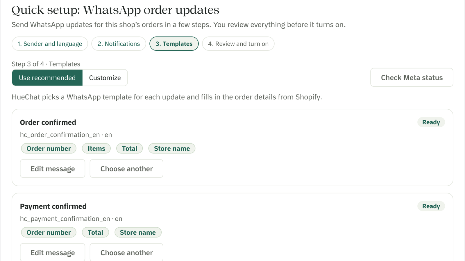 Quick setup step 3: a recommended template for each update, with the order details it fills in