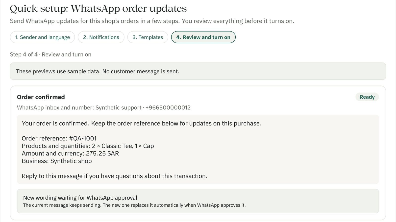 Quick setup step 4: previews with sample data, and new wording waiting for WhatsApp approval