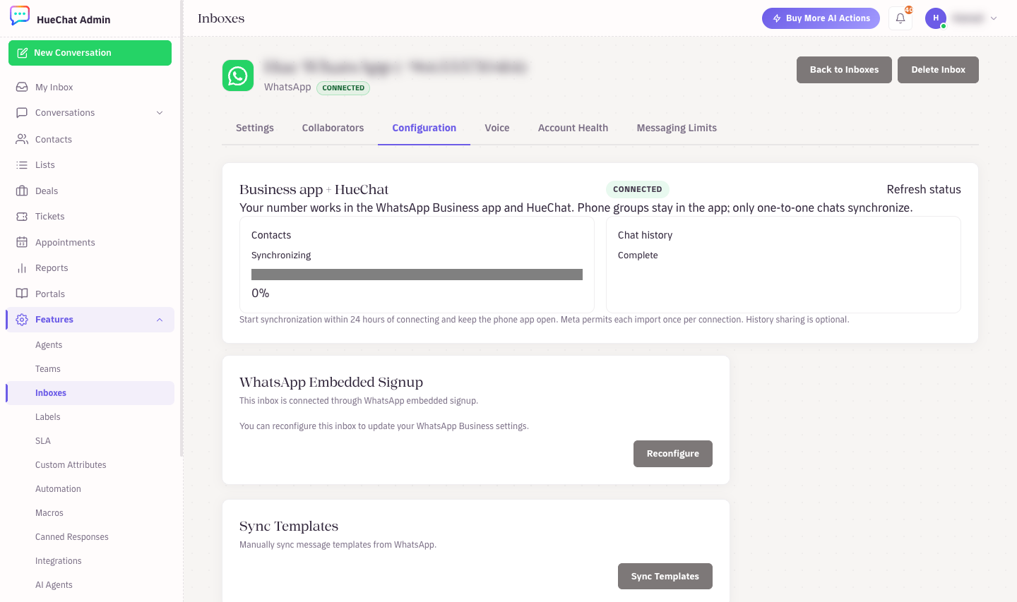 Settings, Inboxes, your inbox, Configuration: the Business app + HueChat panel with sync status and connection details
