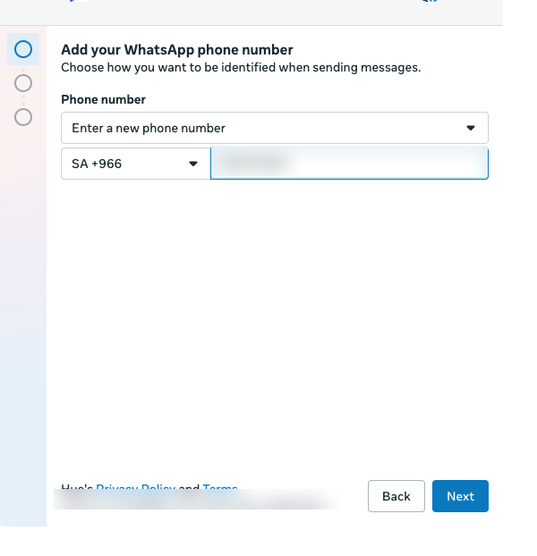 Meta window: enter the phone number on your WhatsApp Business app