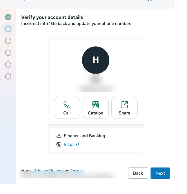 Meta window: verify the business profile found for the number