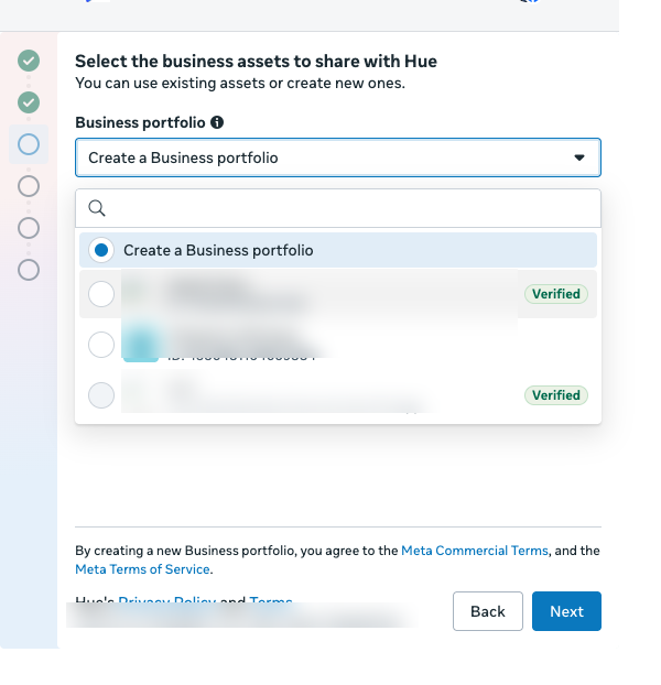 Meta window: pick an existing Business portfolio or create one