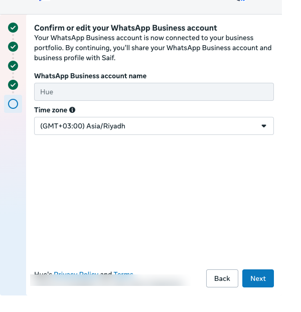 Meta window: confirm the WhatsApp Business account name and time zone