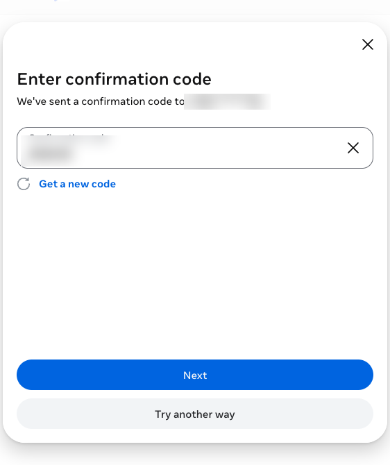 Meta window: enter the SMS confirmation code