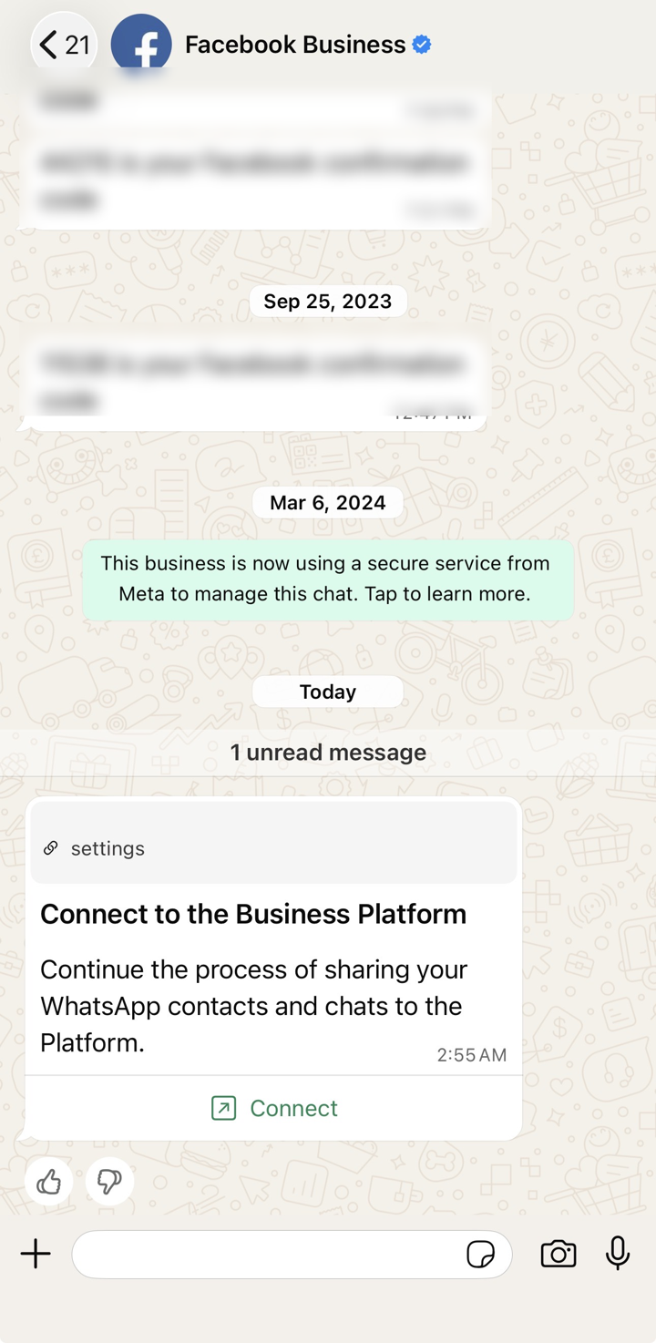 WhatsApp Business app: the Connect to the Business Platform message from Facebook Business