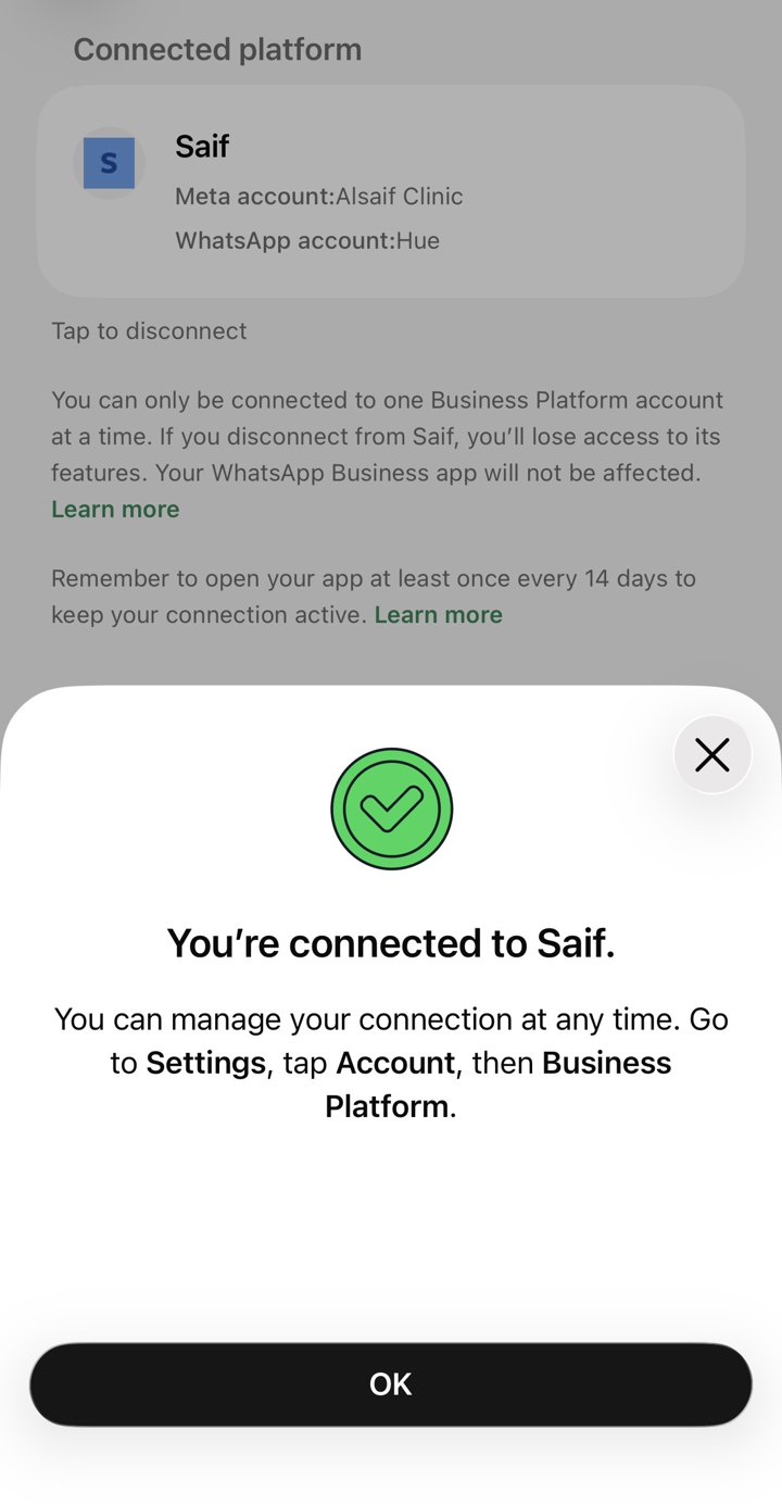 WhatsApp Business app: connected to the Business Platform