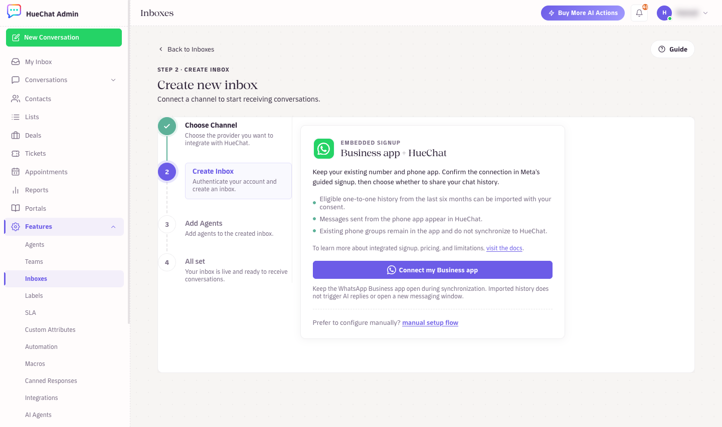 Business app + HueChat: what syncs, then Connect my Business app