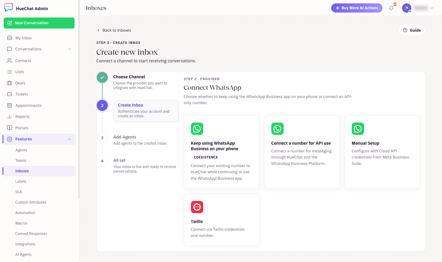 Connect WhatsApp: Keep using WhatsApp Business on your phone (Coexistence), Connect a number for API use, Manual Setup