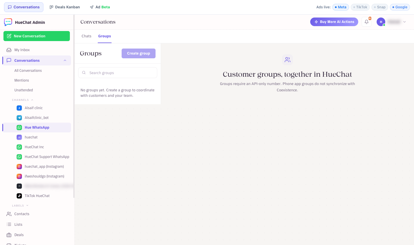 On a Coexistence inbox the Groups tab shows that groups need an API-only number
