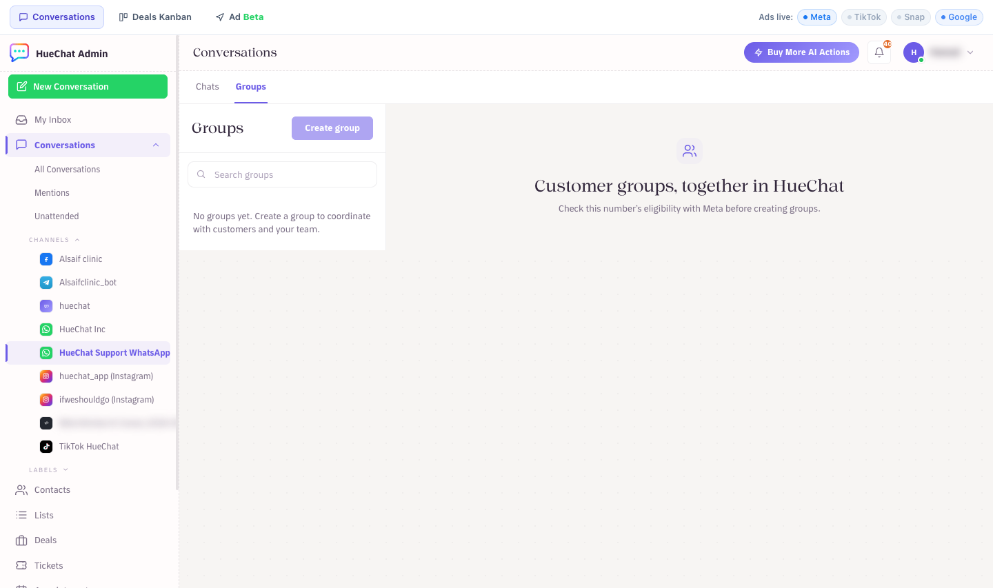 The Groups tab inside a WhatsApp inbox, with Create group and the eligibility notice